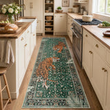 Covaba wild tiger runner rug in fern green, styled in a room setting, view 4