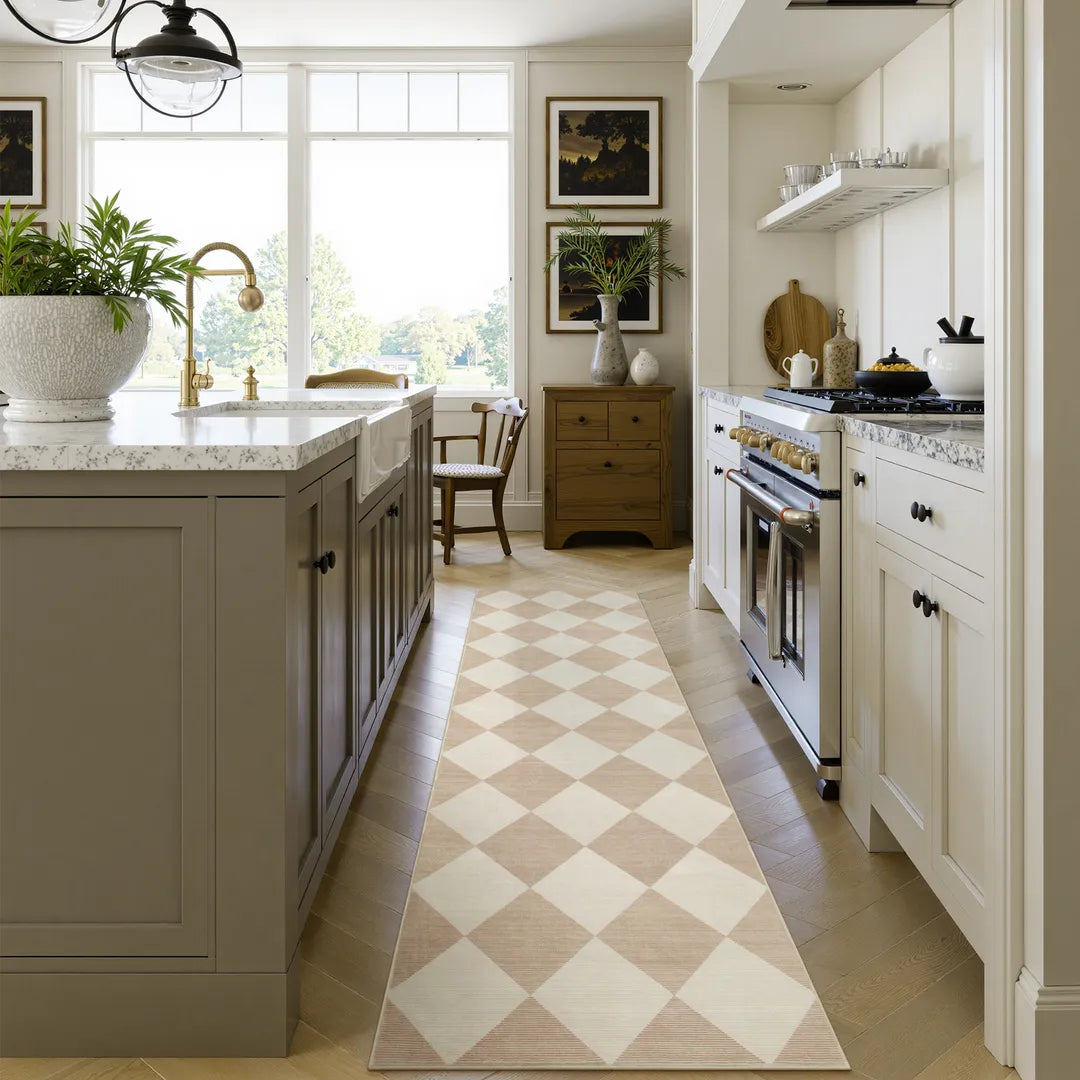 Covaba modern geometric checkered runner rug in warm beige, styled in a room setting
