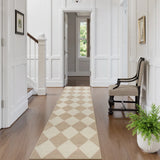 Covaba modern geometric checkered runner rug in warm beige, styled in a room setting, view 5