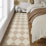 Covaba modern geometric checkered runner rug in warm beige, styled in a room setting, view 6