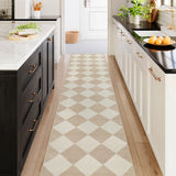 Covaba modern geometric checkered runner rug in warm beige, styled in a room setting, view 7
