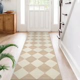 Covaba modern geometric checkered runner rug in warm beige, styled in a room setting, view 4