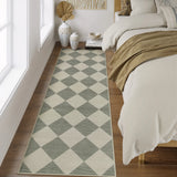 Covaba modern geometric checkered runner rug in fern green, styled in a room setting, view 2