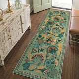Covaba egyptian-inspired botanical runner rug in fern green, styled in a room setting