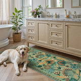 Covaba egyptian-inspired botanical runner rug in fern green, styled in a room setting, view 3