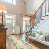 Covaba boho modern parisian floral scalloped runner rug in warm beige, styled in a room setting, view 2