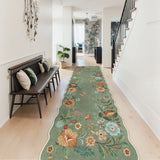 Covaba boho modern parisian floral scalloped runner rug in fern green, styled in a room setting, view 4