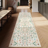 Covaba boho insect botanical floral runner rug in warm beige, styled in a room setting, view 2
