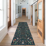 Covaba boho insect botanical floral runner rug in ink black, styled in a room setting, view 3
