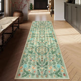 Covaba boho insect botanical floral runner rug in fern green, styled in a room setting, view 4