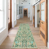 Covaba boho insect botanical floral runner rug in fern green, styled in a room setting, view 5