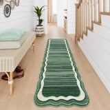 Covaba modern abstract bordered scalloped runner rug in fern green, styled in a room setting, view 3