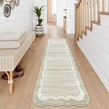 Covaba modern abstract bordered scalloped runner rug in warm beige, styled in a room setting, view 5