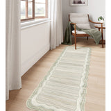 Covaba modern abstract bordered scalloped runner rug in warm beige, shown flat on a plain ivory backdrop, view 3
