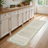 Covaba modern abstract bordered scalloped runner rug in warm beige, styled in a room setting, view 3