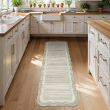 Covaba modern abstract bordered scalloped runner rug in warm beige, styled in a room setting, view 2