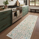 Covaba boho insect botanical floral runner rug in warm beige, styled in a room setting