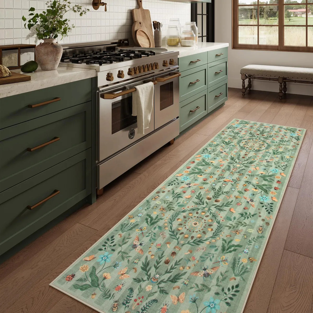 Covaba boho insect botanical floral runner rug in fern green, styled in a room setting
