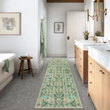 Covaba boho insect botanical floral runner rug in fern green, styled in a room setting, view 3