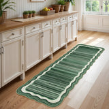 Covaba modern abstract bordered scalloped runner rug in fern green, styled in a room setting, view 5