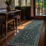 Covaba vintage floral bird royal runner rug in stormy blue, styled in a room setting, view 4