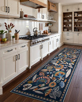 Covaba egyptian-inspired botanical runner rug in deep navy, styled in a room setting, view 2