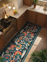 Covaba egyptian-inspired botanical runner rug in teal haze, styled in a room setting, view 3