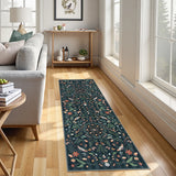 Covaba boho insect botanical floral runner rug in ink black, styled in a room setting, view 2