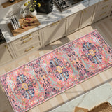 Covaba bohemian floral medallion runner rug in faded rose, styled in a room setting, view 6