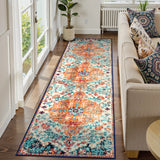 Covaba bohemian floral medallion runner rug in amber clay, styled in a room setting, view 2