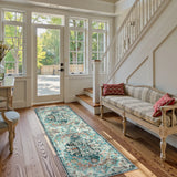 Covaba bohemian floral medallion runner rug in teal haze, styled in a room setting, view 2