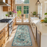 Covaba bohemian floral medallion runner rug in teal haze, styled in a room setting