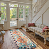 Covaba bohemian floral medallion runner rug in amber clay, styled in a room setting, view 4