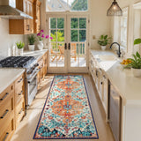 Covaba bohemian floral medallion runner rug in amber clay, styled in a room setting, view 5