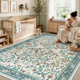 Covaba botanical bird garden chenille area rug in warm beige, styled in a room setting, view 3
