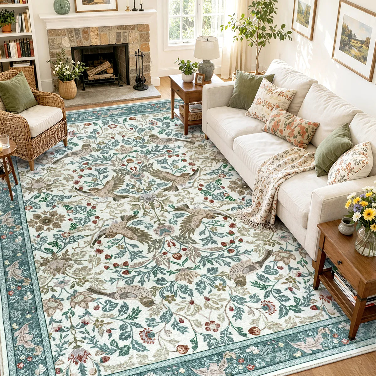 Covaba botanical bird garden chenille area rug in warm beige, styled in a room setting
