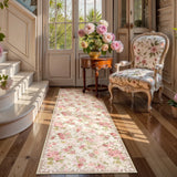 Covaba romantic vintage floral rose garden and runner rug in blush clay, styled in a room setting