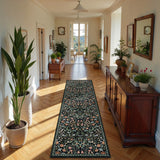 Covaba maximalism vibrant blossom floral runner rug in ink black, styled in a room setting, view 2