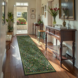 Covaba maximalism vibrant blossom floral - size deal runner rug in forest fern, styled in a room setting, view 2