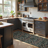 Covaba maximalism vibrant blossom floral runner rug in ink black, styled in a room setting, view 3