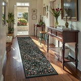 Covaba maximalism vibrant blossom floral runner rug in ink black, styled in a room setting, view 4