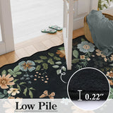Covaba boho modern parisian floral scalloped rug in ink black, styled in a room setting, view 2
