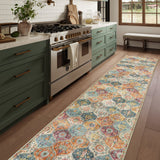 Covaba ultra-thin vintage floral moroccan trellis and runner rug in faded rose, styled in a room setting, view 2