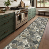 Covaba ultra-thin vintage floral moroccan trellis runner rug in pearl grey, styled in a room setting