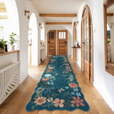 Covaba boho modern parisian floral scalloped runner rug in deep navy, styled in a room setting, view 7