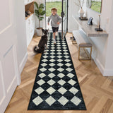 Covaba modern geometric diamond checkered runner rug in ink black, styled in a room setting, view 6