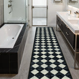 Covaba modern geometric diamond checkered runner rug in ink black, styled in a room setting, view 8