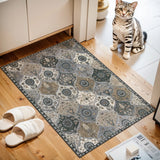 Covaba ultra-thin vintage floral moroccan trellis doormat in pearl grey, styled in a room setting