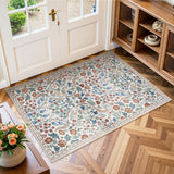 Covaba maximalism vibrant blossom floral doormat in warm beige, styled in a room setting