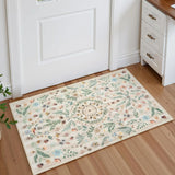 Covaba boho insect botanical floral doormat in warm beige, styled in a room setting